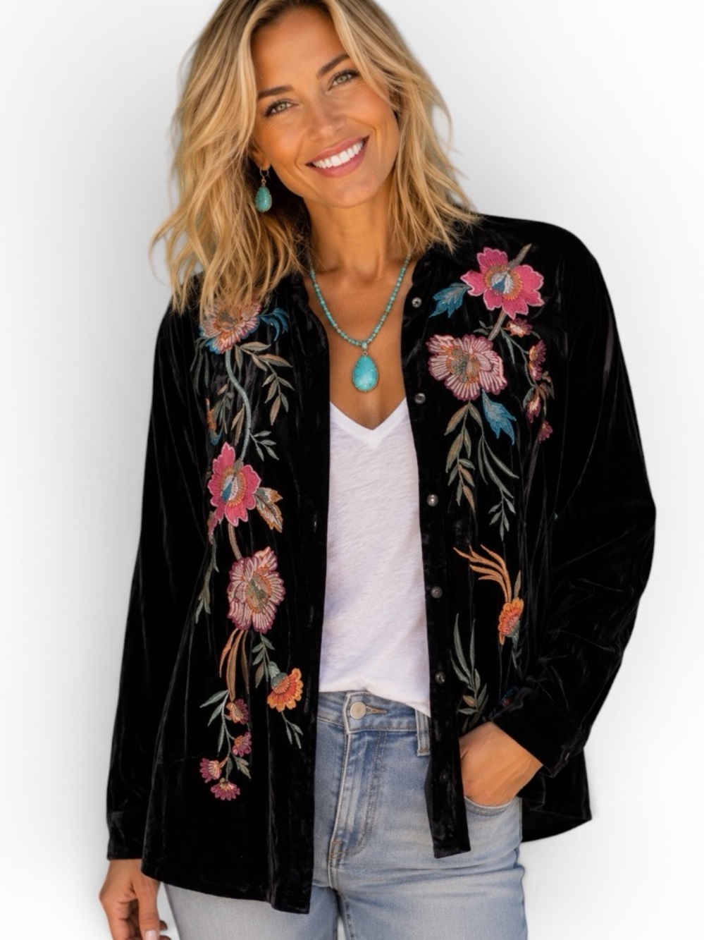 Johnny Was Sidonia Velvet Heavily Embroidered Oversized Pleat Shirt NWT